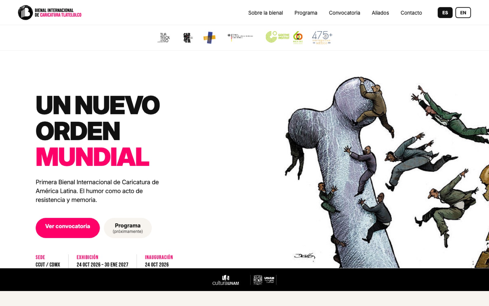 Sitio de la Bienal Internacional de Caricatura Tlatelolco 2026, con el lema Un nuevo orden mundial.